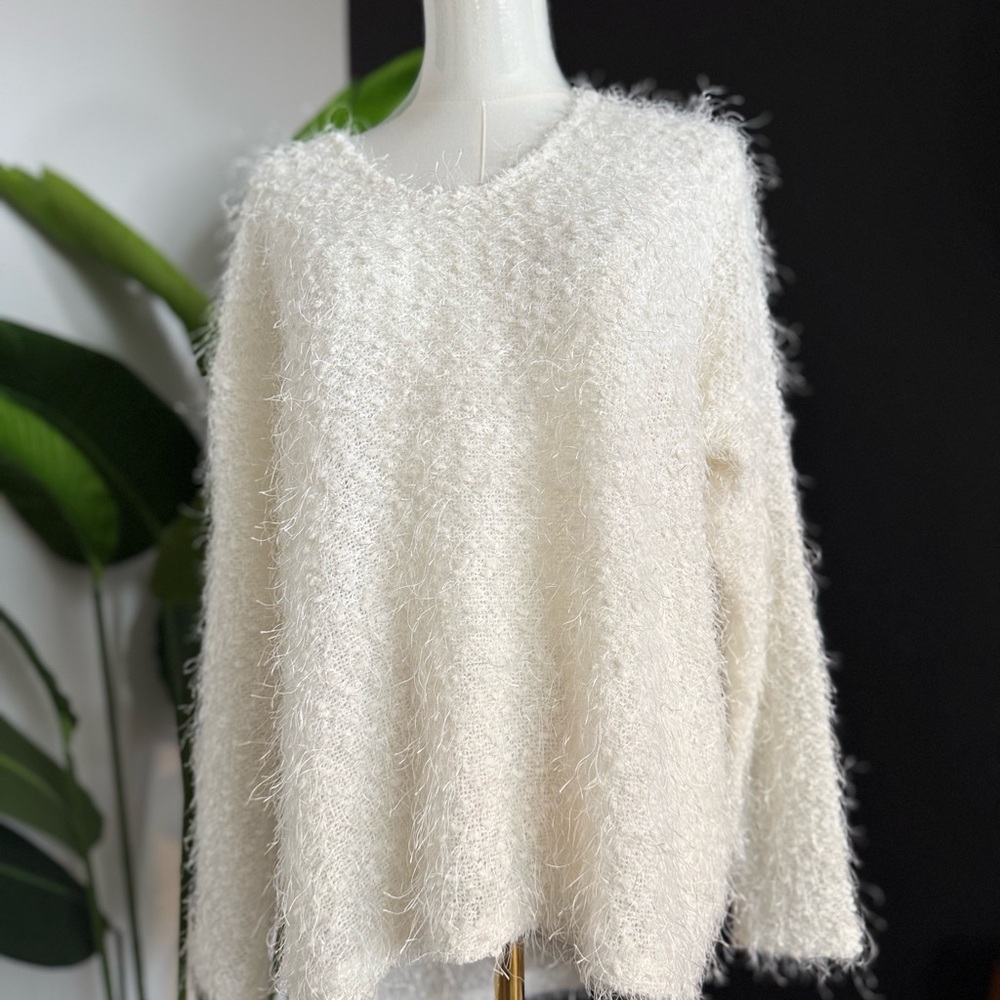 Tribal Fluffy White V-Neck Sweater with Relaxed Fit